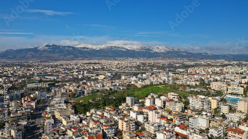 Aerial drone photo of famous park of Filadelfia or Philadelfia in a winter morning in the heart of Athens near Parnitha mountain, Attica, Greece