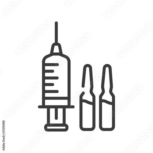 Syringe and ampoules with vaccine for injection black line icon. Vaccination concept. Course of treatment. Pictogram for web, mobile app, promo. UI UX design element. Editable stroke.