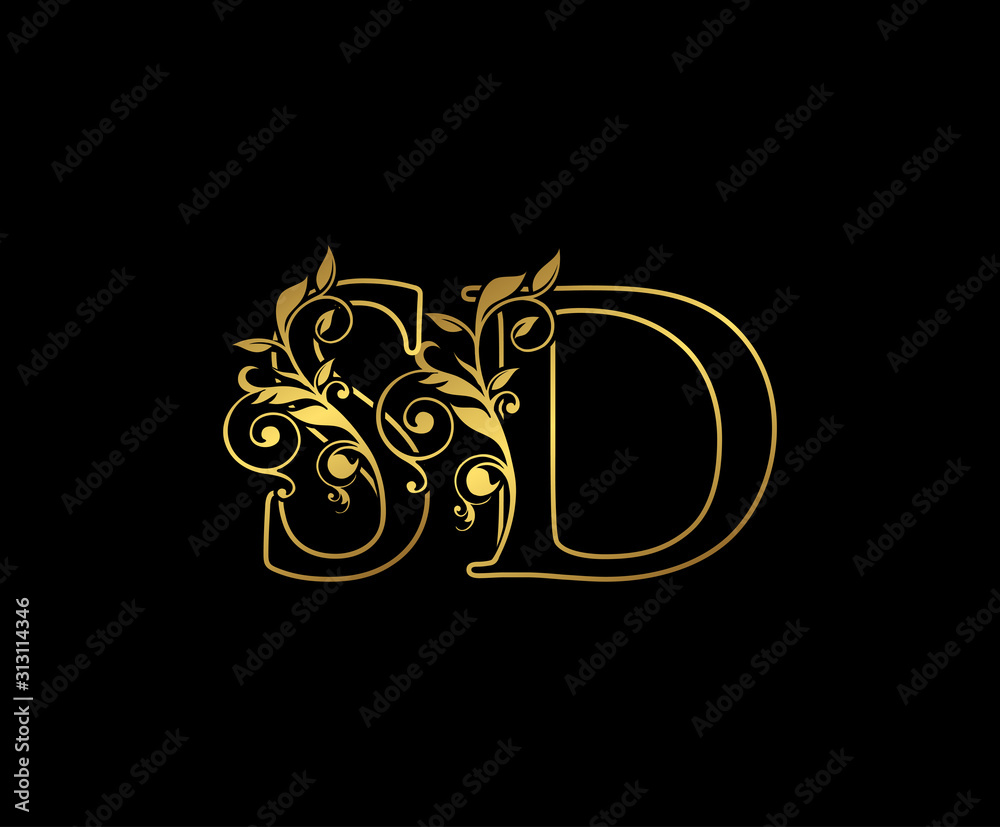 Golden S, D and SD Letter Classy Floral Logo Icon,  Elegant Design.