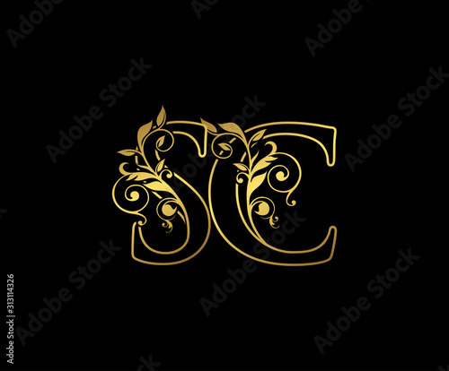 Golden S, C and SC Letter Classy Floral Logo Icon,  Elegant Design.