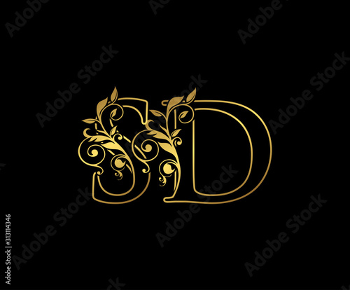 Golden S, D and SD Letter Classy Floral Logo Icon,  Elegant Design. photo