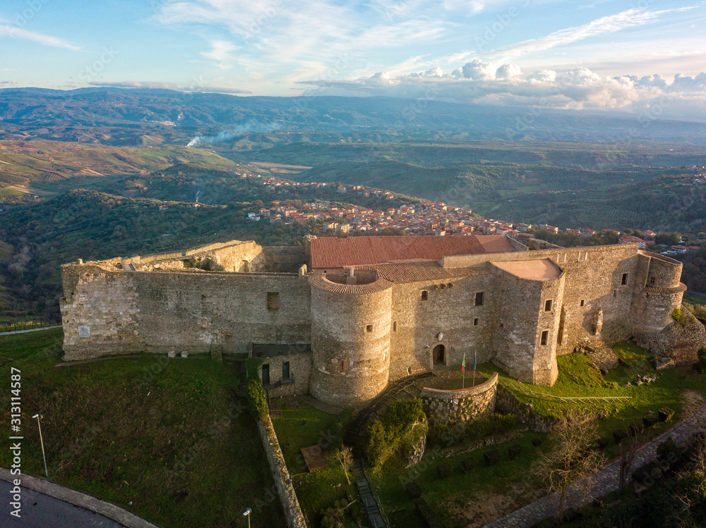 Aerial view of the Norman Swabian castle, Vibo Valentia, Calabria, Italy. Overview of the city seen from the sky, houses and rooftops