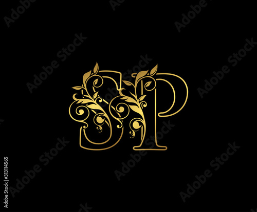Golden S, P and SP Letter Classy Floral Logo Icon,  Elegant Design. photo