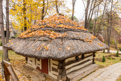 Authentic peasant thatched roof farms and houses from all over Romania in Dimitrie Gusti National Village Museum, located in the King Michael I Park, showcasing traditional Romanian village life