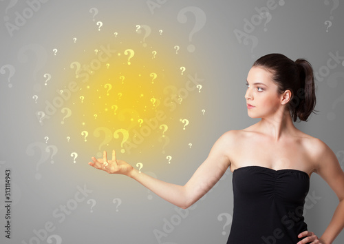 Young person presenting something with question sign concept