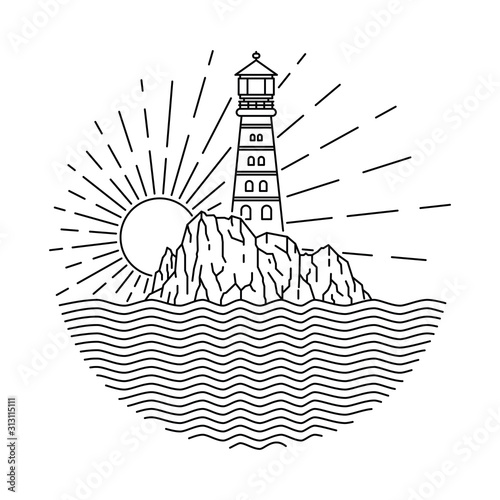 Lighthouse Sea Line Graphic Illustration Vector Art T-shirt Design
