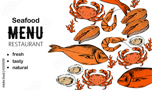 Seafood menu composition with red fish steak, oysters and crabs