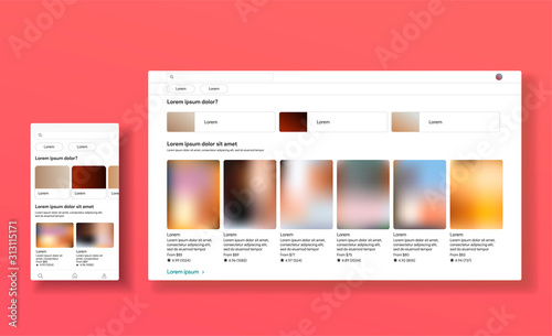 AirBnb web and mobile responsive interface. Booking listing app template. Rent appartment marketplace. Real estate. Rent travel house online. Vector illustration.