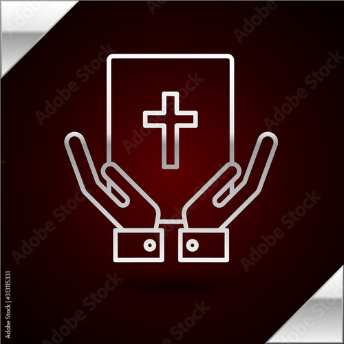 Silver line Oath on the Holy Bible icon isolated on dark red background. The procedure in court. Truth and truth. Promise before god. Vector Illustration