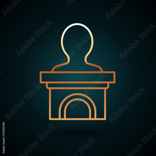 Gold line Stage stand or debate podium rostrum icon isolated on dark blue background. Conference speech tribune. Vector Illustration