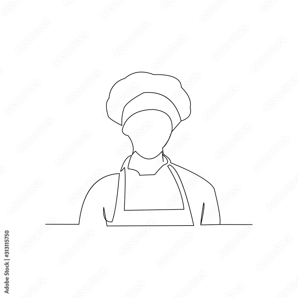 continuous line drawing of chef with apron and chef hat vector
