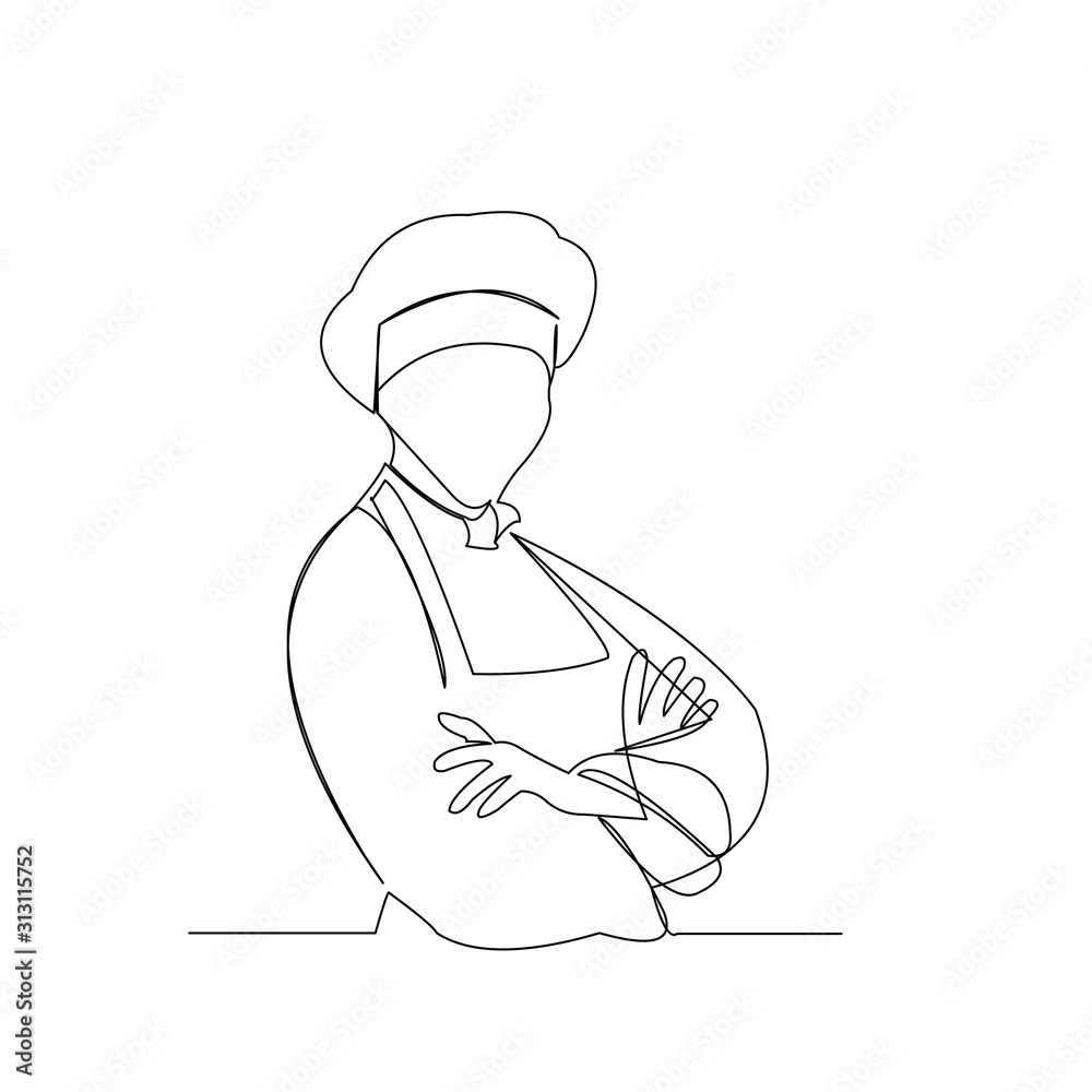 continuous line drawing of chef with apron and chef hat vector ...