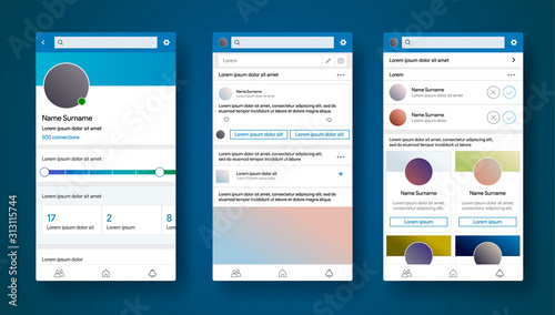 Mobile app interface inspired by linkedin style. Social media CV or portfolio of specialist. Career profile page. Connection of professionalists. Find a job or worker. Vector illustration.