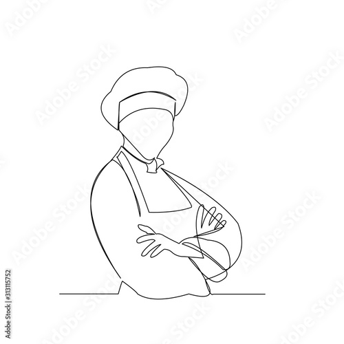 continuous line drawing of chef with apron and chef hat vector illustration