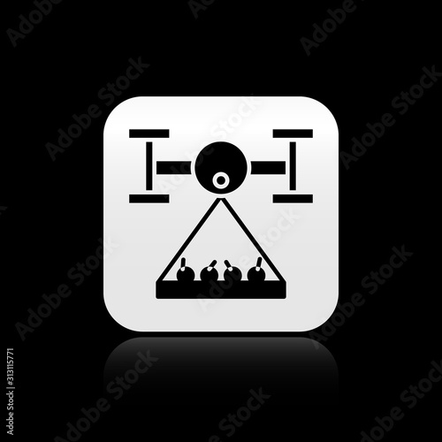 Black Smart farm with drone control collects harvest icon isolated on black background. Innovation technology for agricultural company. Silver square button. Vector Illustration