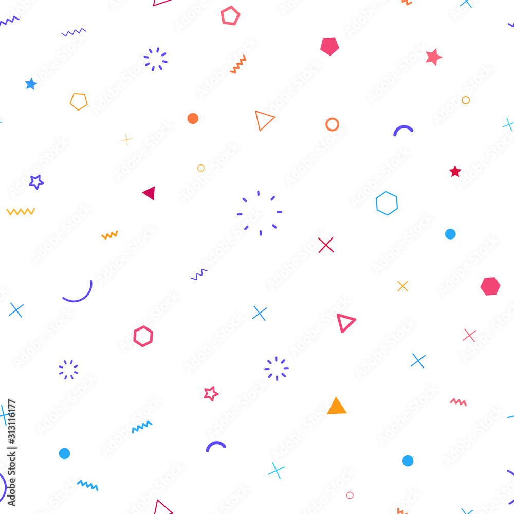 Cute seamless background. Memphis pattern. Flat concept. Fashion 80s-90s. Retro funky graphic. School geometric print illustration element. Repeat banner. Vector template. Minimalist color backdrop Cute seamless background. Memphis pattern. Flat concept. Fashion 80s-90s. Retro funky graphic. School geometric print illustration element. Repeat banner. Vector template. Minimalist color backdrop