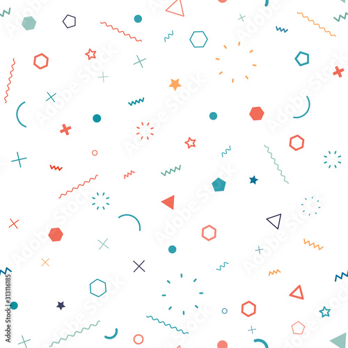 Cute seamless background. Memphis pattern. Flat concept. Fashion 80s-90s. Retro funky graphic. School geometric print illustration element. Repeat banner. Vector template. Minimalist color backdrop