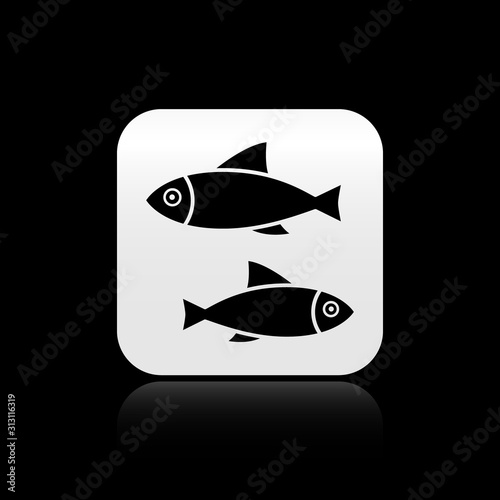 Black Fish icon isolated on black background. Silver square button. Vector Illustration