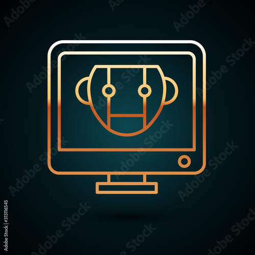 Gold line Bot icon isolated on dark blue background. Computer monitor and robot icon. Vector Illustration