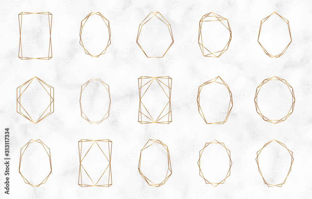 Gold geometric polygonal frames. Decorative lines borders. Luxury design elements for wedding invitation, blog posts, banner, celebration, card, save the date, poster, flyer	