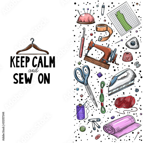Tailor or dressmaker work and fashion designer atelier sketch items. Vector sewing illustration in retro vintage style