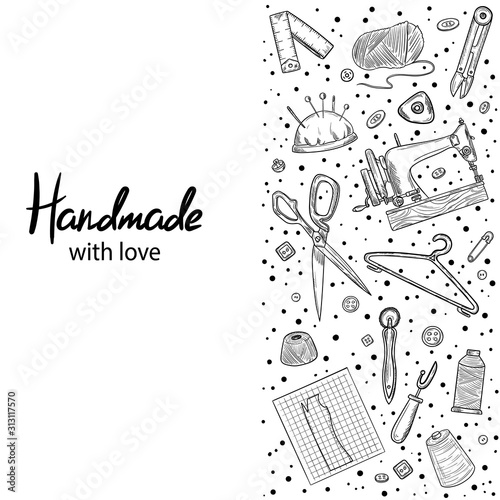 Tailor or dressmaker work and fashion designer atelier sketch items. Vector sewing illustration in retro vintage style