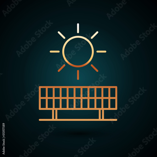 Gold line Solar energy panel and sun icon isolated on dark blue background. Vector Illustration