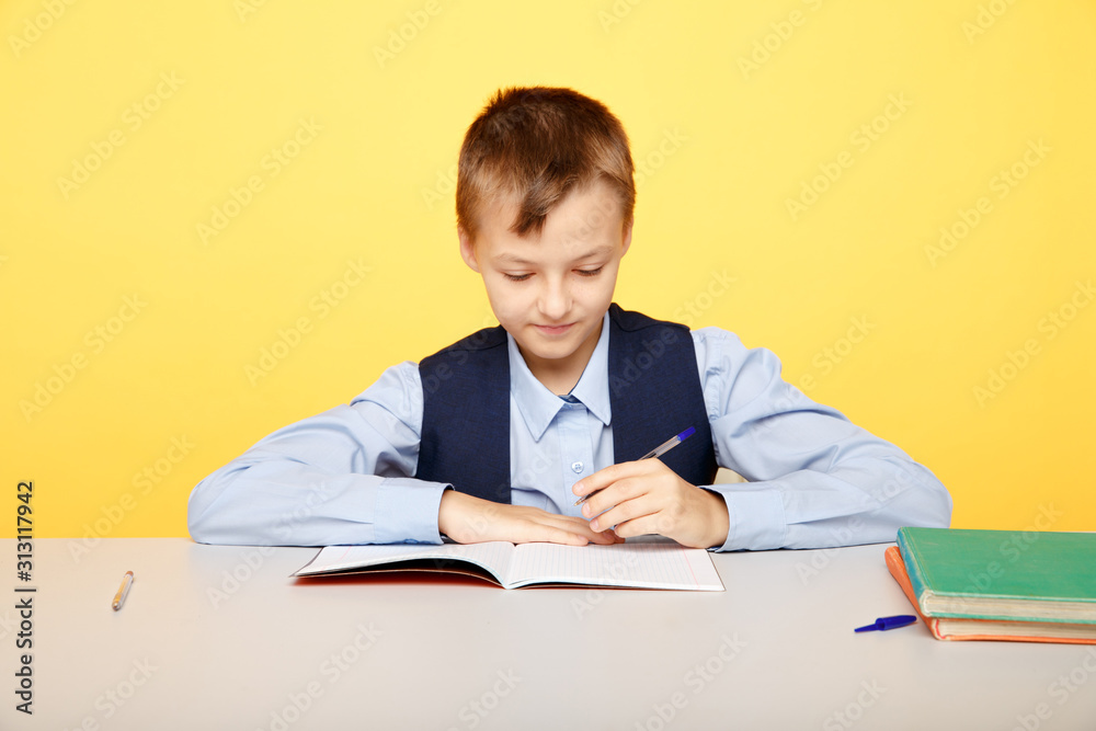 School boy sitting at the desk isolated and studying School boy sitting at the desk isolated and studying
