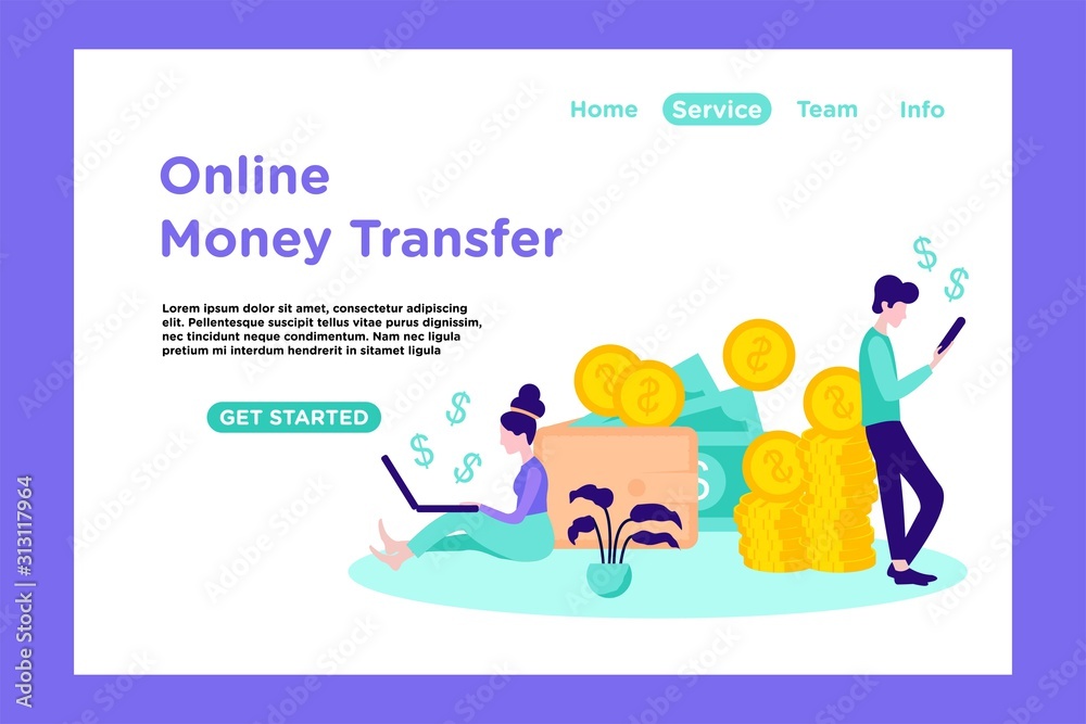Tiny people with big wallet and stack of coin, online payment, online digital money transfer vector illustration, can use for landing page, web, mobile, app, banner, flyer, poster, homepage, template