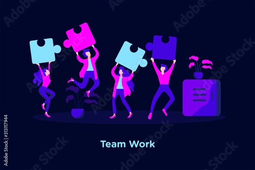 Business concept. Team metaphor. tiny people connecting puzzle elements. Vector illustration flat design style. Symbol of team work, cooperation. Partnership. Vector illustration