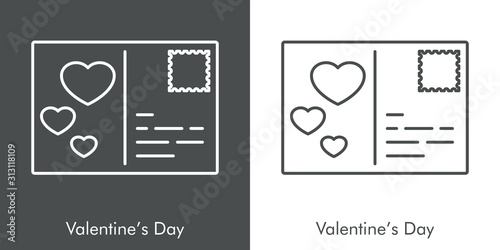 Día de san Valentín. Icono plano lineal corazones en tarjeta postal en fondo gris y fondo blanco