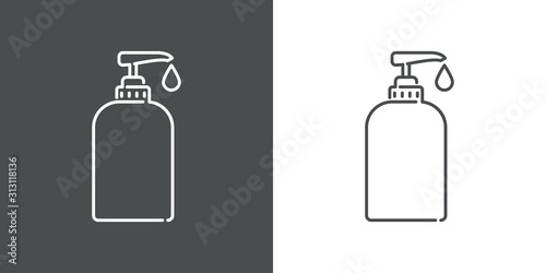 Icono plano lineal dosificador de jabón en fondo gris y fondo blanco