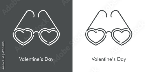 Día de san Valentín. Icono plano lineal gafas de sol con corazones en fondo gris y fondo blanco