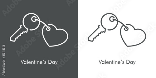 Día de san Valentín. Icono plano lineal llave con llavero en forma de corazón en fondo gris y fondo blanco
