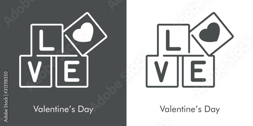 Día de san Valentín. Icono plano lineal palabra LOVE en bloques de alfabeto en fondo gris y fondo blanco