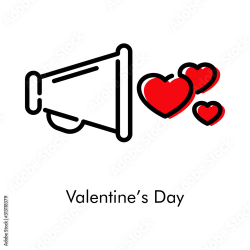 Día de san Valentín. Icono plano lineal megáfono con corazones con color rojo