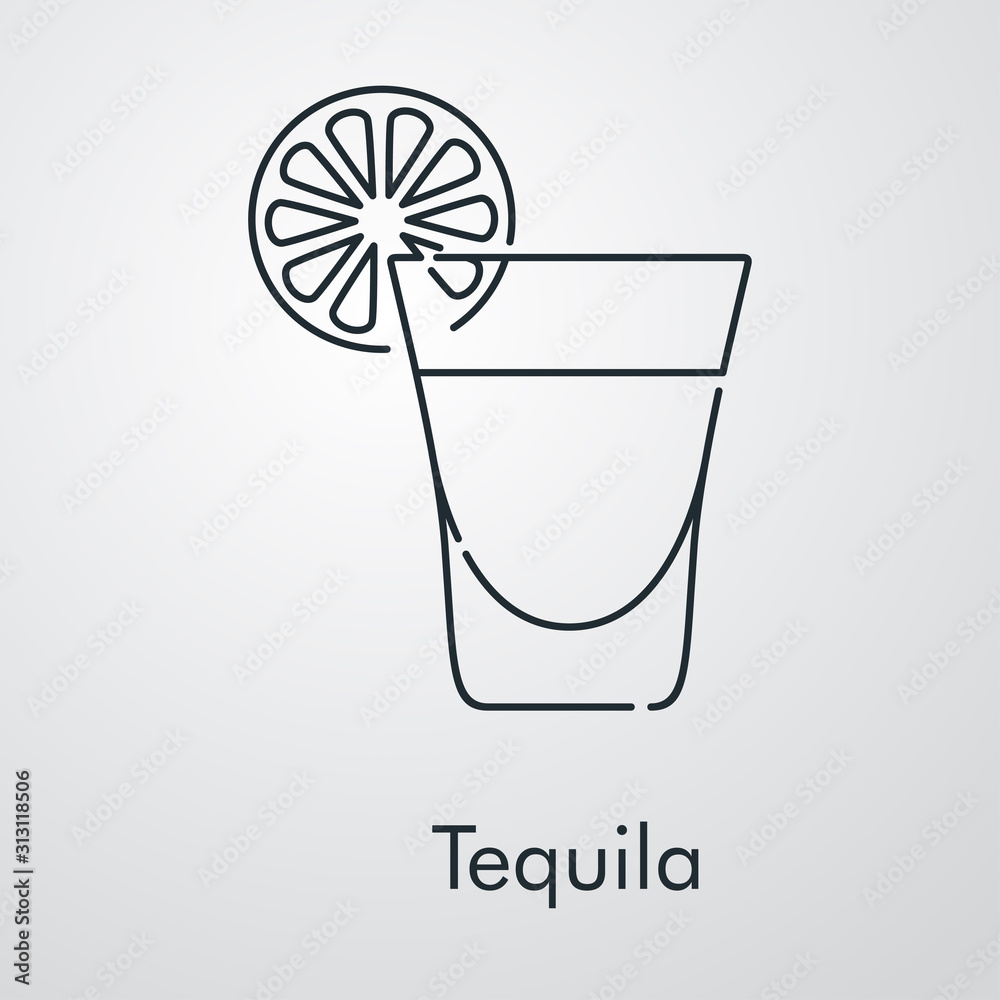 Icono plano lineal vaso de tequila con rebanada de lima en fondo gris Icono plano lineal vaso de tequila con rebanada de lima en fondo gris