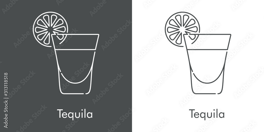 Icono plano lineal vaso de tequila con rebanada de lima en fondo gris y ...