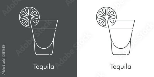 Icono plano lineal vaso de tequila con rebanada de lima en fondo gris y fondo blanco