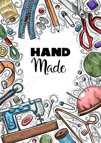 Tailor or dressmaker work and fashion designer atelier sketch items. Vector sewing illustration in retro vintage style