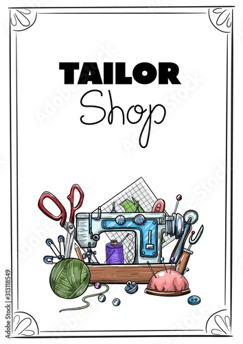 Tailor or dressmaker work and fashion designer atelier sketch items. Vector sewing illustration in retro vintage style