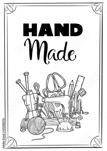 Tailor or dressmaker work and fashion designer atelier sketch items. Vector sewing illustration in retro vintage style