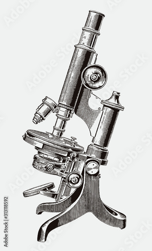 Large optical microscope with english foot. Illustration after antique engraving from 19th century