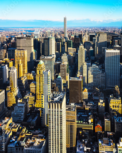 Aerial panoramic view. on Midtown district of Manhattan in New York. Hudson river is on the background. Metropolitan City skyline, USA. American architecture building. Panorama of Metropolis NYC
