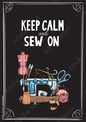 Tailor or dressmaker work and fashion designer atelier sketch items. Vector sewing illustration in retro vintage style on blackboard.