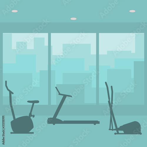 Fitness gym with sports equipments. Interior room of fitness center. Set silhouettes of icons exercise bike, stepper, treadmill elliptical trainers. Sport club inside in flat style. Vector drawing. 