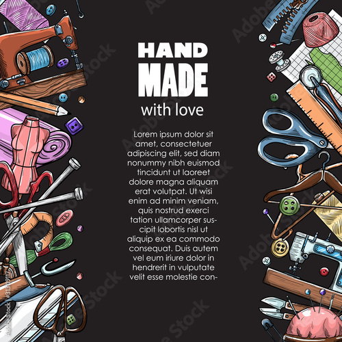 Tailor or dressmaker work and fashion designer atelier sketch items. Vector sewing illustration in retro vintage style on blackboard.