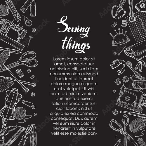 Tailor or dressmaker work and fashion designer atelier sketch items. Vector sewing illustration in retro vintage style on blackboard.