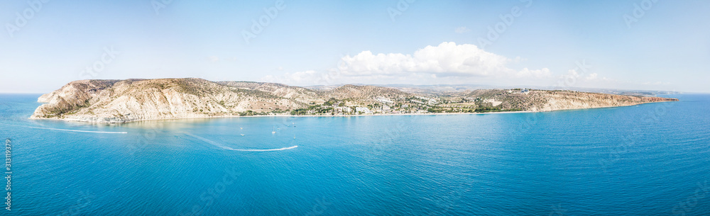 Aerial Panoramic view of Amazing Kourion beach. Limassol. Republic of Cyprus.