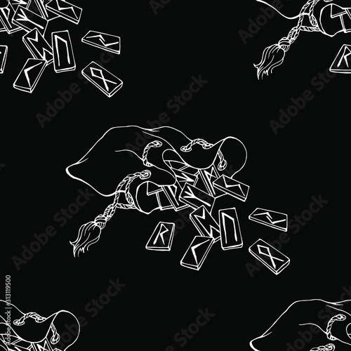 Vector seamless pattern in chalk style : hand drawn linear white bags of runes on black. Mysticism, divination, predictions, occultism. Monochrome design for textile, fabric, wrapping paper.